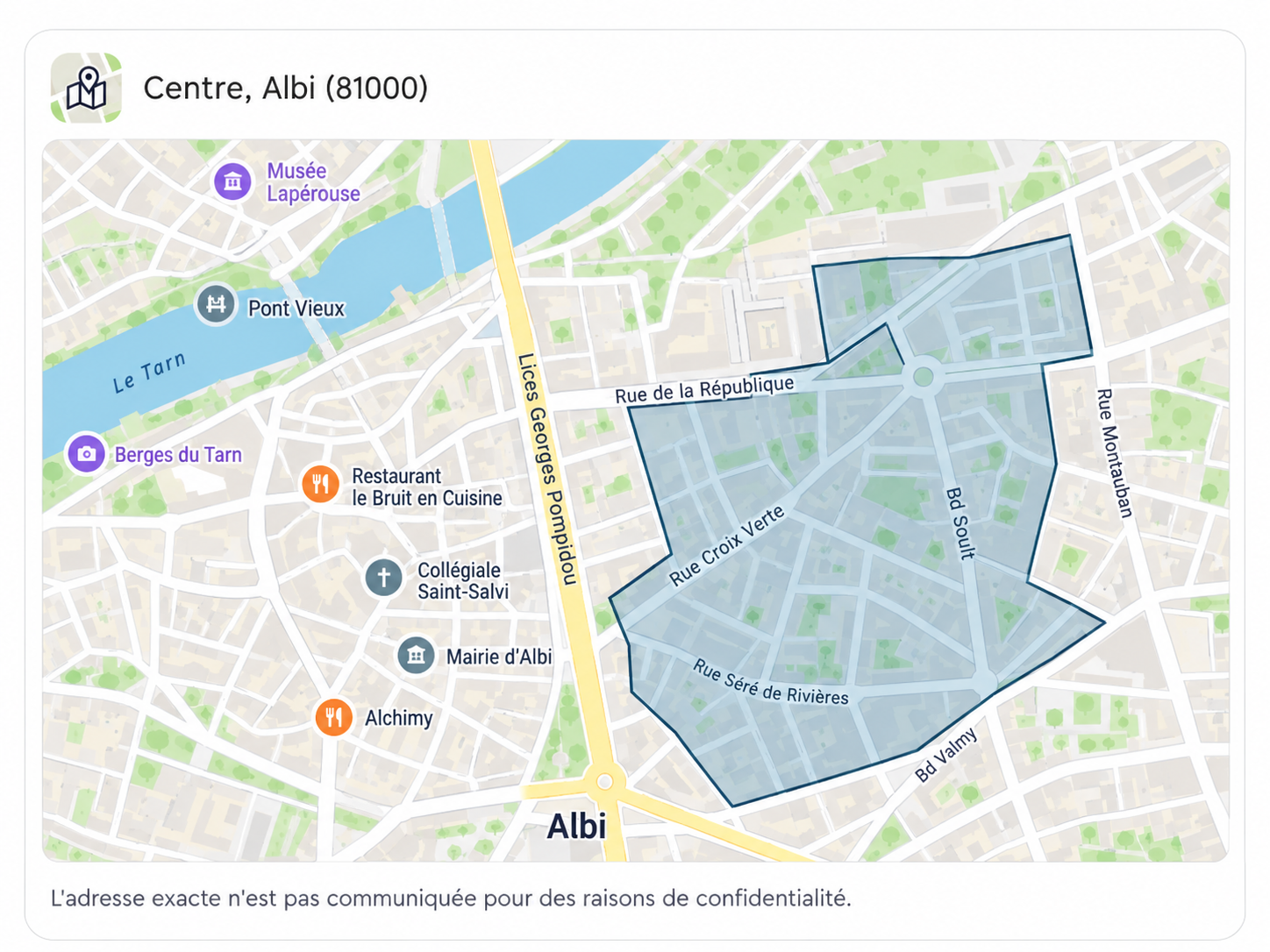 Carte illustrée du quartier boulevard Soult à Albi, proche du centre historique, de la mairie et des berges du Tarn.